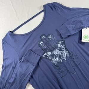 NWT Gaiam Women's Size XS Blue Indigo Hailey Hamsa Lotus Graphic Long Sleeve Top